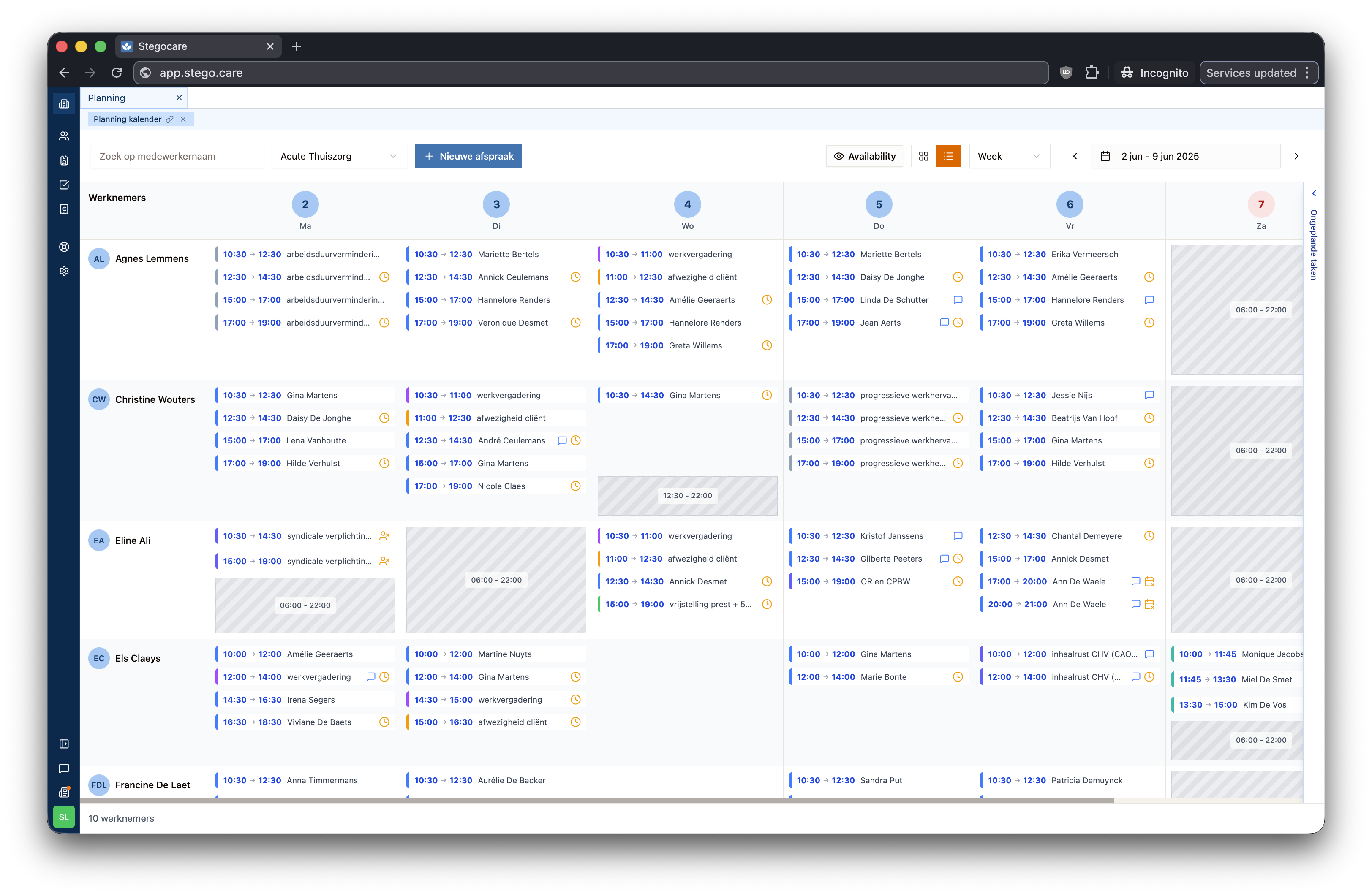 Stegocare planning view — weekly schedule for care workers with appointments, availability, and real-time status